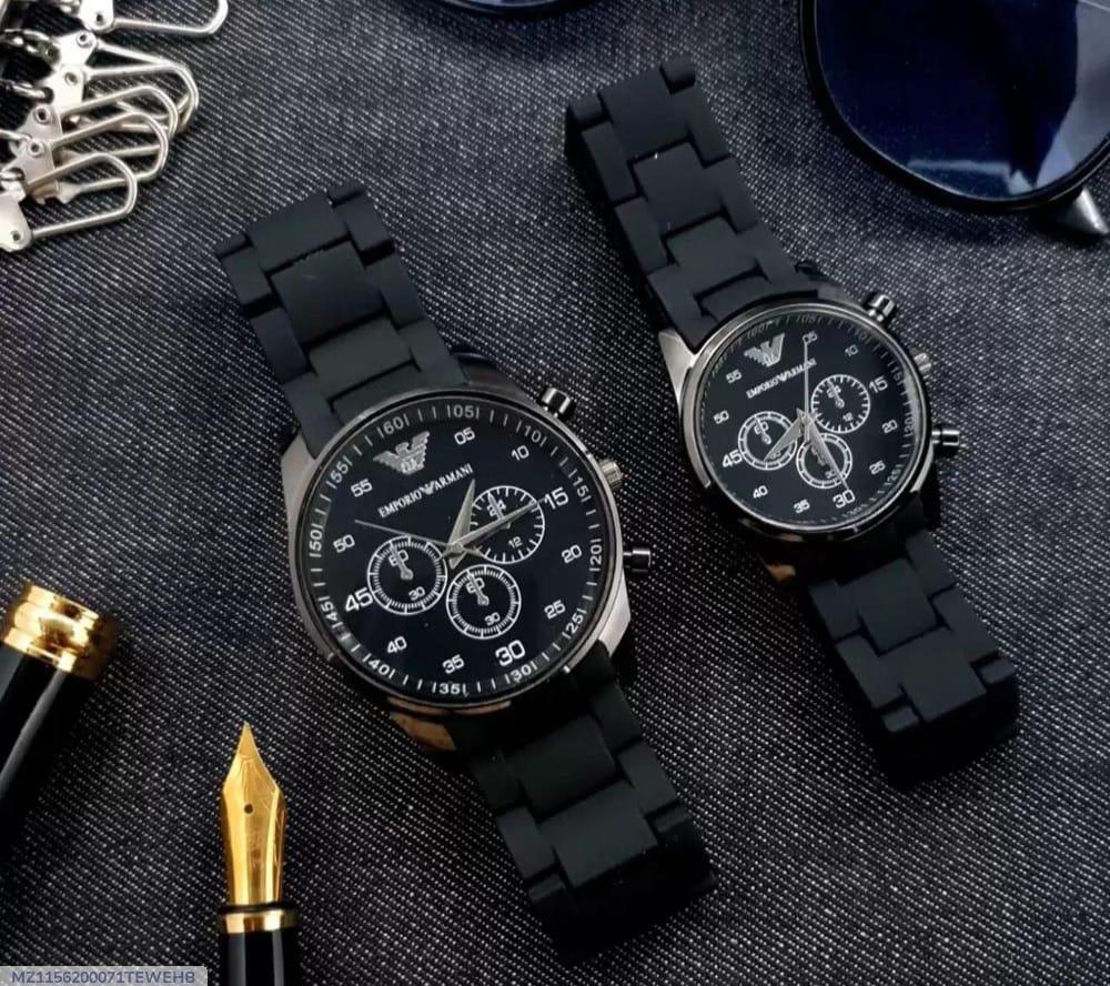 Emporio Armani Premium Matte Black Chronograph Couple Watches (Pack of 2)